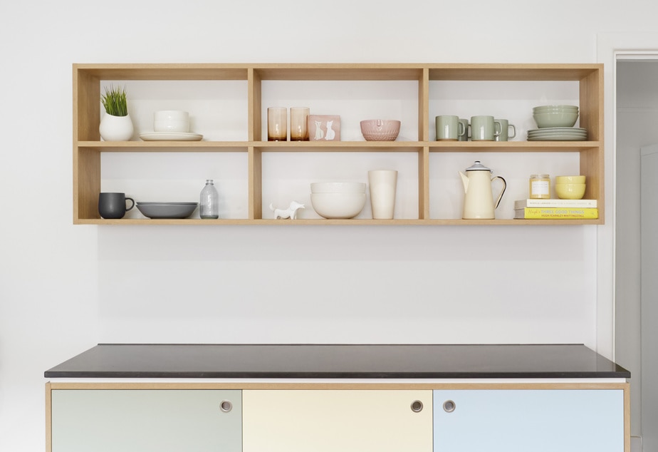 Smarter Bathrooms and Kitchens - a clever wooden shelf and kitchen storage with soft modern colours. Beautiful kitchen designs built by kitchen renovation Melbourne specialist