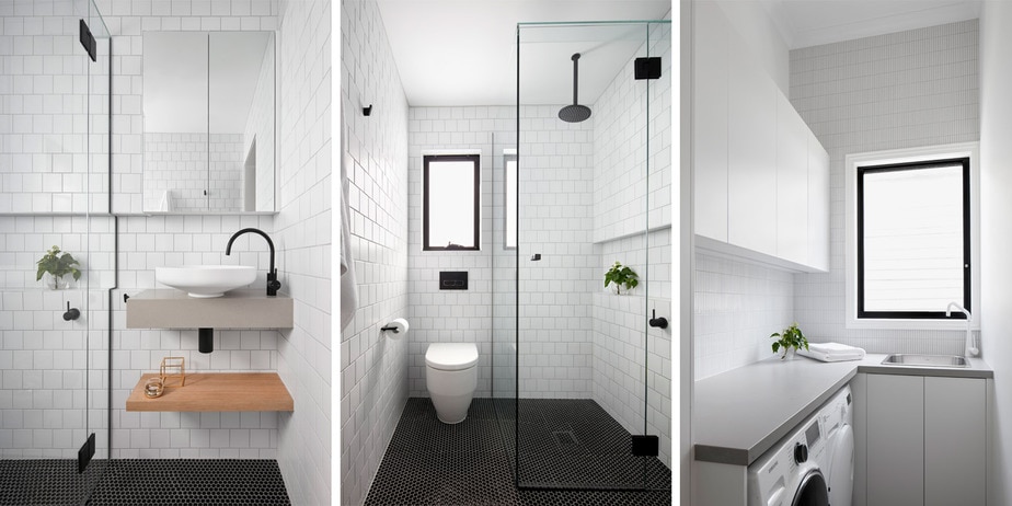 Smarter Bathrooms and Kitchens - an ivory white basin with elegant black faucets, black bathroom floor tiles, white bathroom wall tiles, and elegant shower. Modern laundry room with bright natural light and beautiful wall tiles. Beautiful bathroom designs built by bathroom renovations Melbourne specialist