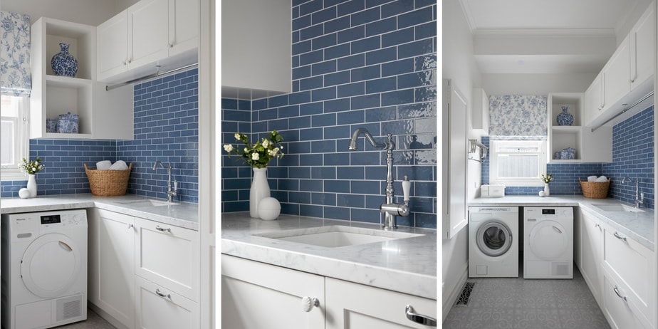 Smarter Bathrooms and Kitchens - a beautiful laundry room design with a mix of blue and white, white marble bench-top, blue wall tiles, and white furnitures. Beautiful kitchen designs and beautiful bathroom designs built by kitchen renovation Melbourne and bathroom renovation Melbourne specialist