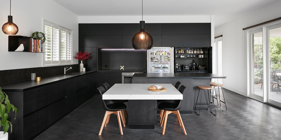 Black and white open plan kitchen, Melbourne kitchen designed in Melbourne by Smarter Bathrooms Kitchen